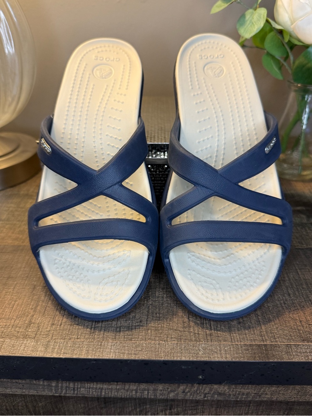 Crocs Women’s Navy Blue Wedge Slide Sandals Comfort Casual Size 8